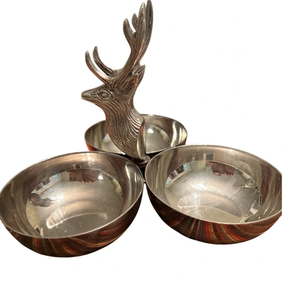 Vintage Deer Stag Triple Bowl Candy Dish Metal‎ Serving Tray